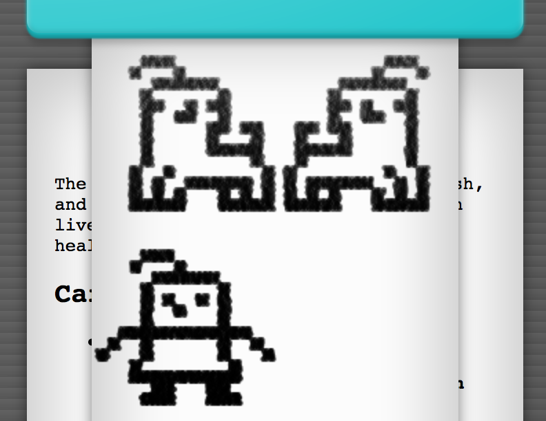 Messy simulated printout of a virtual pet. Screenshot.