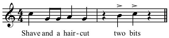 Sheet music for 'Shave and a Haircut'