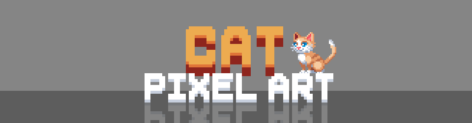 Pixel art banner with the words CAT PIXEL ART and a pixelated orange and white cat sitting on the text.