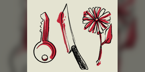 Cover image for key, knife, flower.