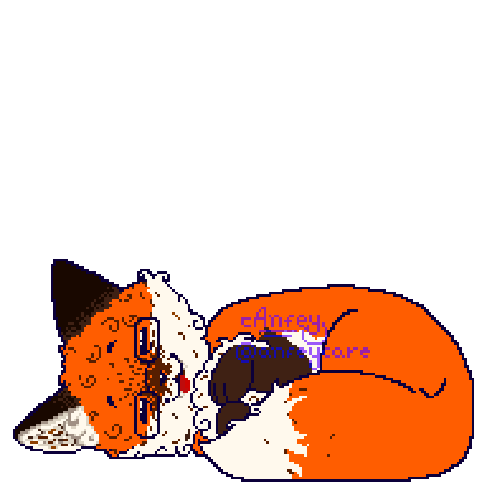 this is a pixel art animated gif of me, Anfey Care, as Safey, a creature that here appears as a fox with square glasses; they're laying down in a clumsy pose and wagging their tail, with closed eyes and a silly face
