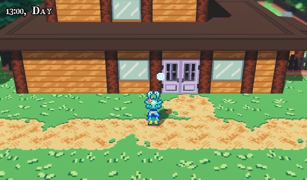 A screenshot of Lavender Hollow, a 3D game with 2D elements. It shows Ghastropod, the main character, standing on a dirt path in front of a building. The game's style is blocky and low-poly, with bright colors and pixelated textures. Ghastropod themself is a green snail monster, and the building they're standing in front of has log walls and a purple double door. In the background, trees and graves can be faintly seen.