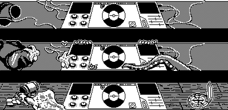 Three images stacked on top of one another, all similar with a DJ console with various knobs and sliders and a record in the middle, but different in other details. In the top image, cables come out of the sides and onto the counter, and a pair of headphones rests to the left of the counter. In the middle image the headphones are replaced by diving goggles with a starfish on top, another stardish and barnacles are attached to the console, and a tentacle comes in from the lower right side as if reaching for the record or other controls. In the bottom image the counter has more of a wooden texture, a mug lies on its side to the left, next to some coins and a map, while a compass lays open on the right side of the counter. 