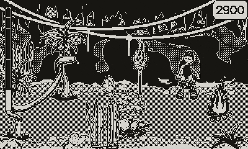 In a jungle-like setting, a suspicious bush sneaks cautiously forward past a person posted near a hut and a lit torch, only to end up against a campfire which burns up the foliage instantly, revealing an awkwardly crawling Daley Bellbottoms underneath