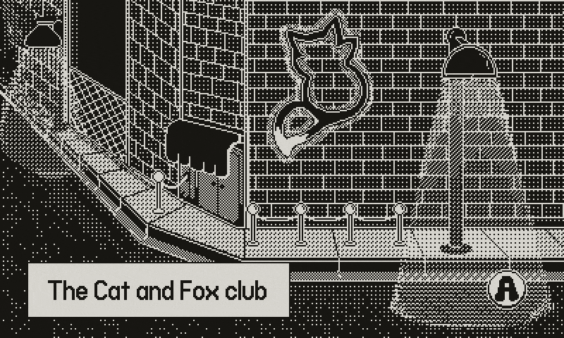 A brick building on a street corner at night, illuminated by two lamp posts. A neon sign in the shape of a cat alternates to the shape of a fox. A caption says ‘The Cat and Fox club’.