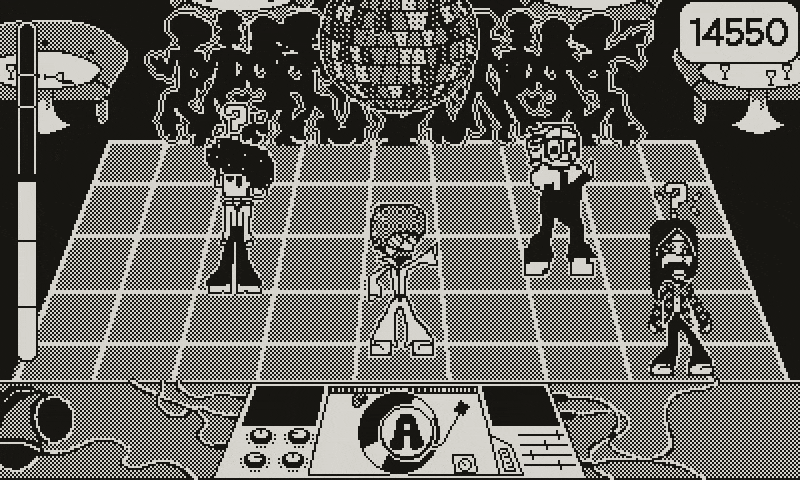 Game level taking place in a dance club. The main character is in the center, surrounded by other dancers, while the game UI shows button inputs scrolling by at the bottom, highlighted with flashing halos or stars, or shattering, depending on player timing. A mirror ball spins overhead, while the floor lights up in rhythm with the dance moves