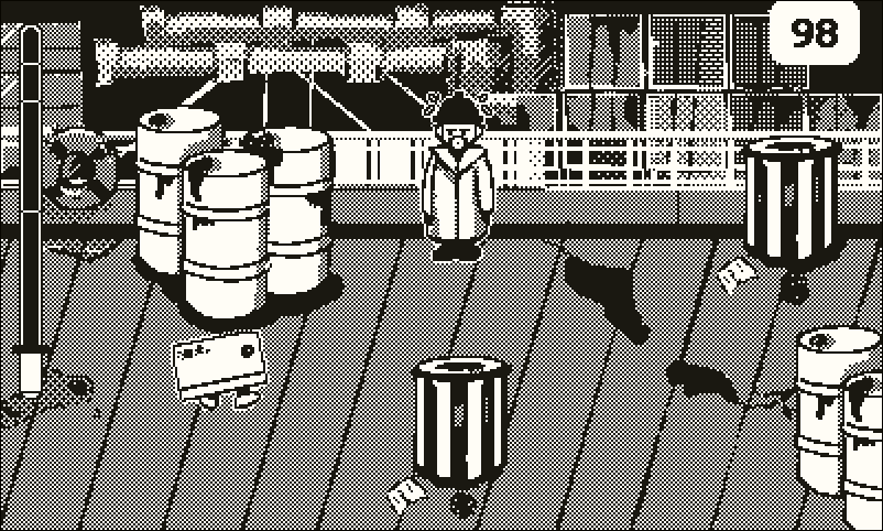A game level taking place at the docks, with a guard suspiciously looking at an upside down cardboard box that might or might not be moving, but compared to the previous one the box and the background both look a lot less polished