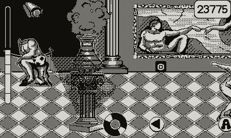Animated gif of the character Daley Bellbottoms sneaking through what looks like a museum hall. Button prompts scroll at the bottom from right to left, art hangs on the walls, and Daley moves furtively from hiding spot to hiding spot, including behind statues, while avoiding museum security. 