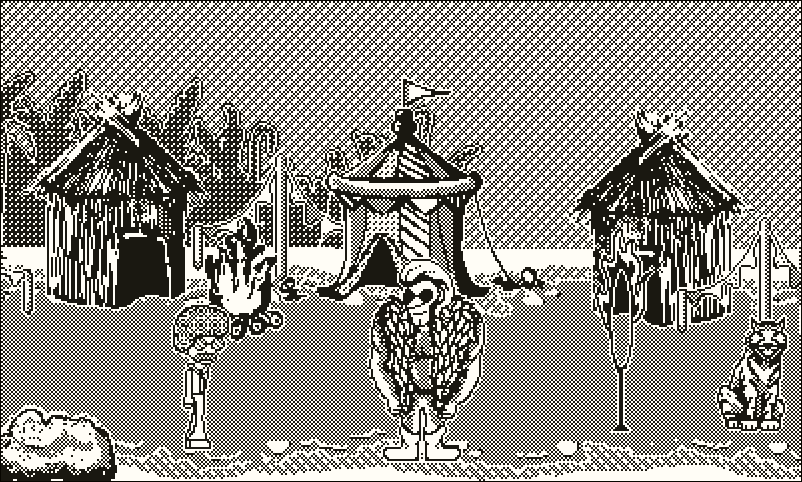 A scene from one of the micro-cutscenes. Outdoors, Daley Bellbottoms walks on screen on dirt terrain, toward a rather large man in a flamboyant outfit and sunglasses, who stands next to a flaming ring and a tiger sitting on the ground. Behind them are two huts, an elaborate small tent, and a campfire