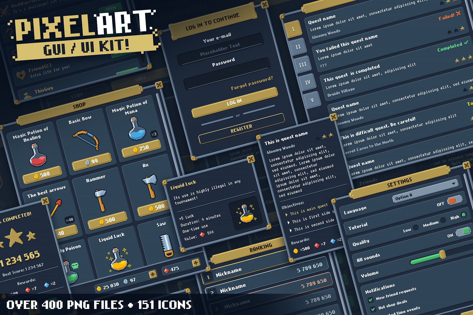 PIXEL ART GUI ESSENTIAL RPG HUD 8x8 16x16 32x32 UI PACK for Unity 