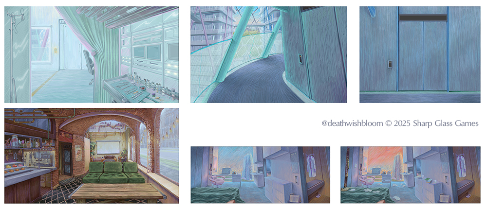 Top Row: Tetra interiors; Bottom Row: Elmwood Cafe, Sky's apartment clean, Sky's apartment messy Top Row: Tetra interiors; Bottom Row: Elmwood Cafe, Sky's apartment clean, Sky's apartment messy
