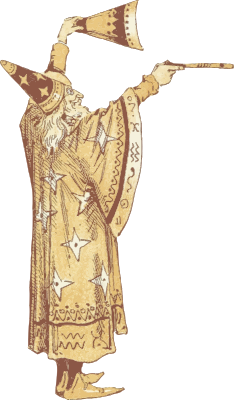a bearded man wearing wizard's hat and robes pointing a wand somewhere, ready to cast a spell