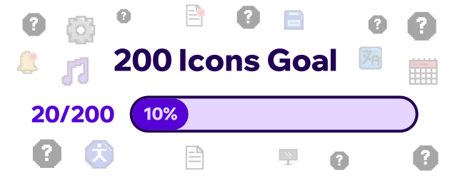 200 Icons goal, the background has almost faded puixel icons, and other pixelized circles with a question mark