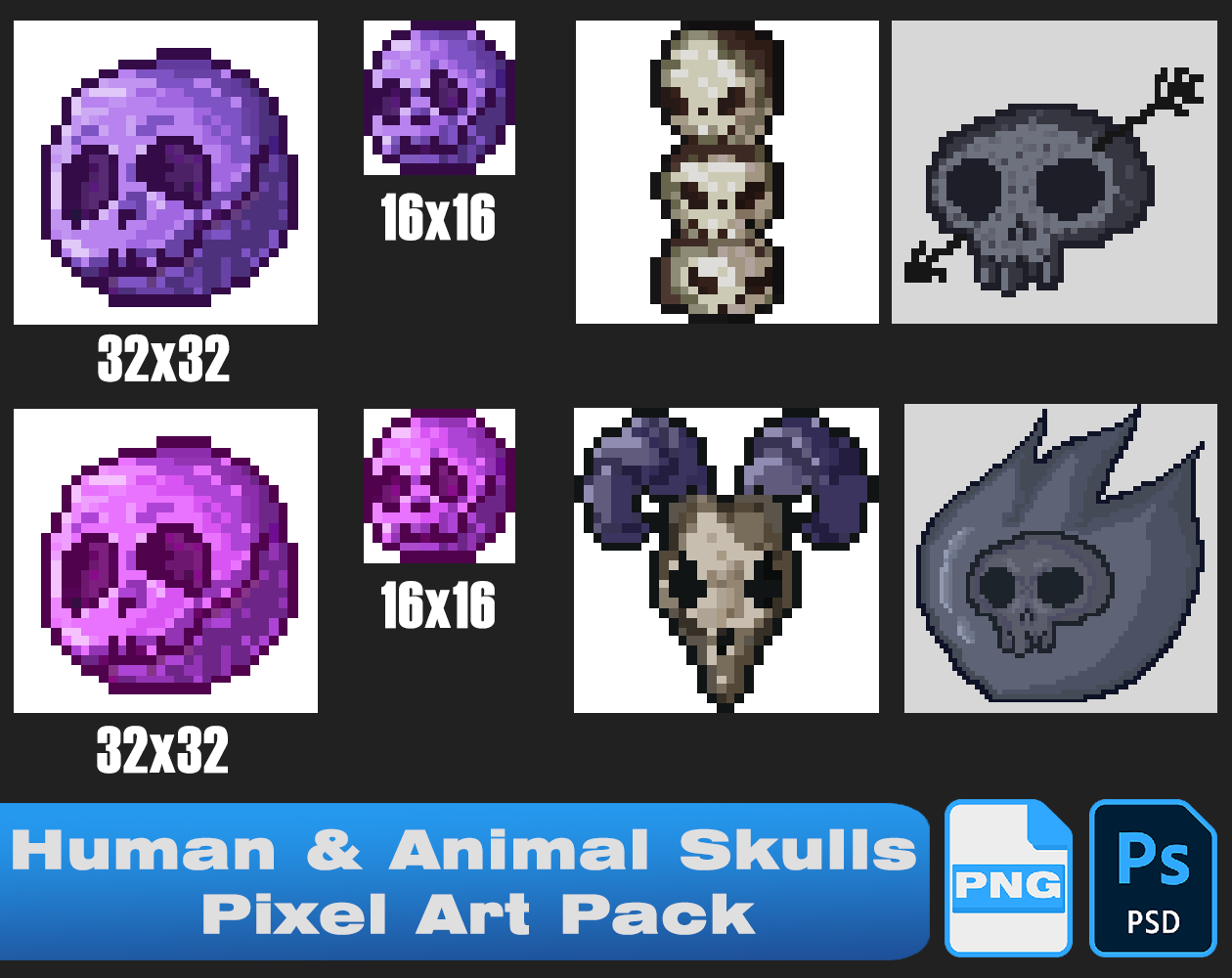 Human & Animal Skulls – Pixel Art Pack