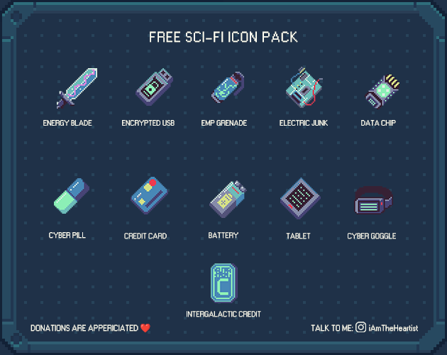 Sci-Fi Pixel Art Item Icons Pack – 11 Retro Futuristic Game Assets (Free + Donations)