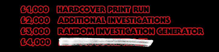 £1,000 - Hardcover print run, £2,000 - Additional investigations, £3,000 - Random investigation generator, £4,000 - REDACTED £1,000 - Hardcover print run, £2,000 - Additional investigations, £3,000 - Random investigation generator, £4,000 - REDACTED