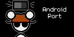 Shop looking and holding a Phone above his head to the left of a text that says "Android Port" in a dark Void