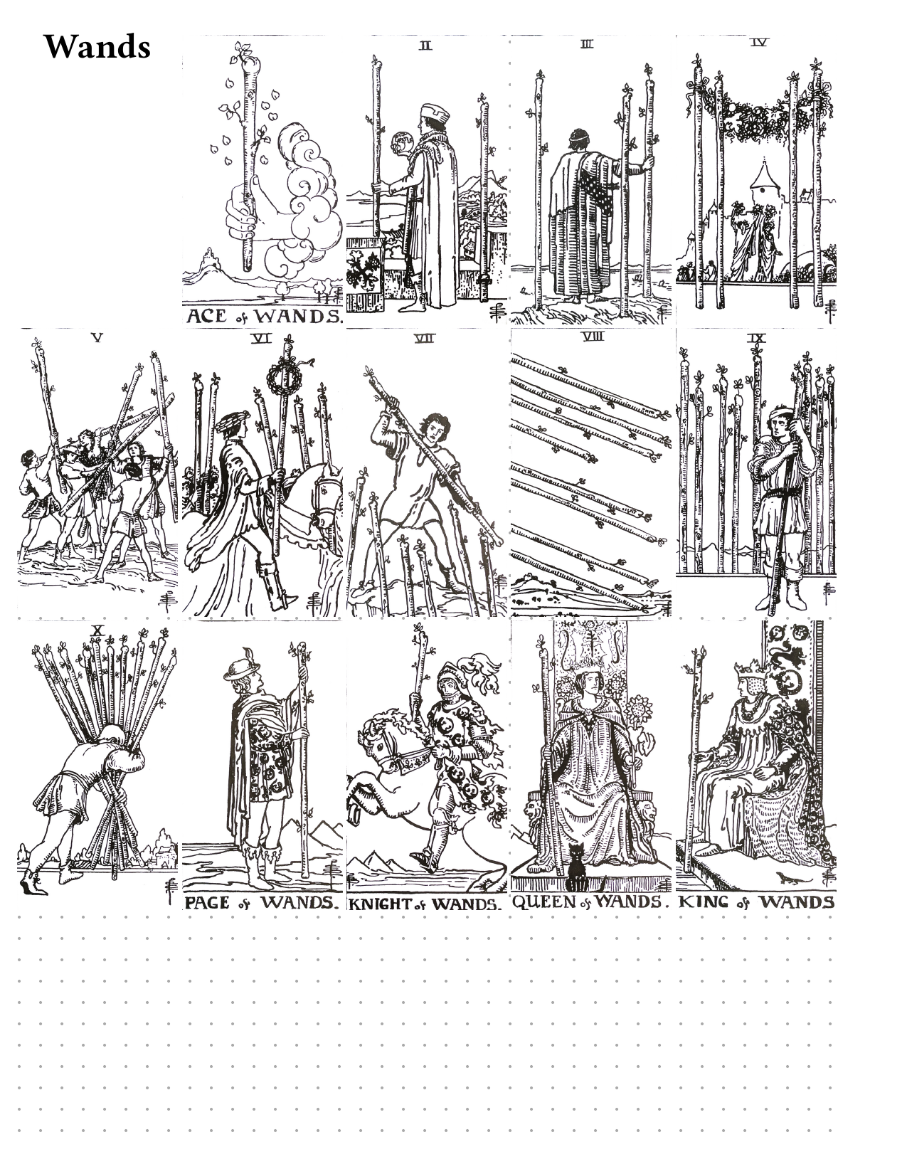 All 14 ranks of the Wands suit from the Waite-Smith Tarot