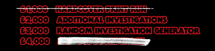 £1,000 - Hardcover print run (UNLOCKED), £2,000 - Additional investigations, £3,000 - Random investigation generator, £4,000 - REDACTED