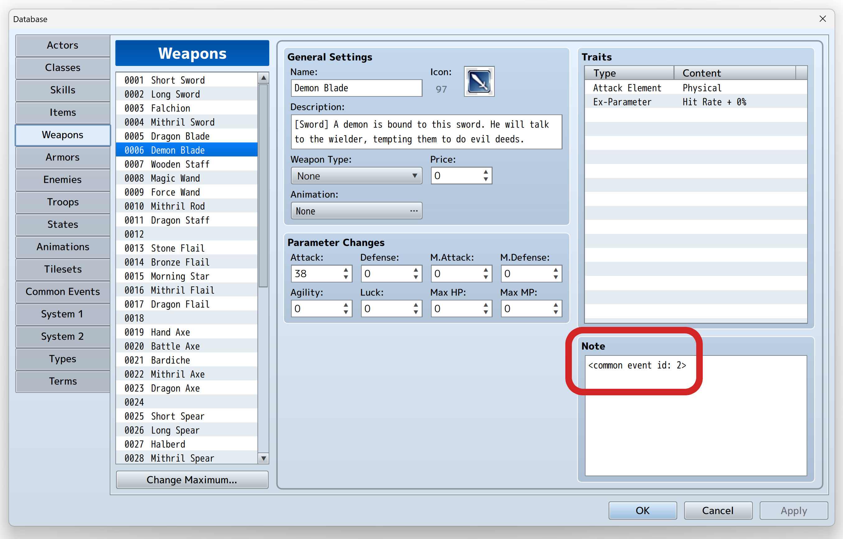 Database screen in RPG Maker MZ, with  in the Notes section highlighted. It has note . The item is “Demon Blade”, the description is “[Sword] A demon is bound to this sword. He will talk to the wielder, tempting them to do evil deeds.”