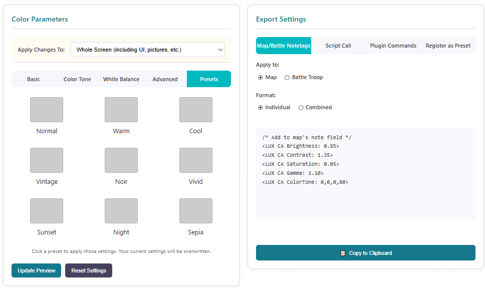 Apply presets instantly and export ready-to-use code