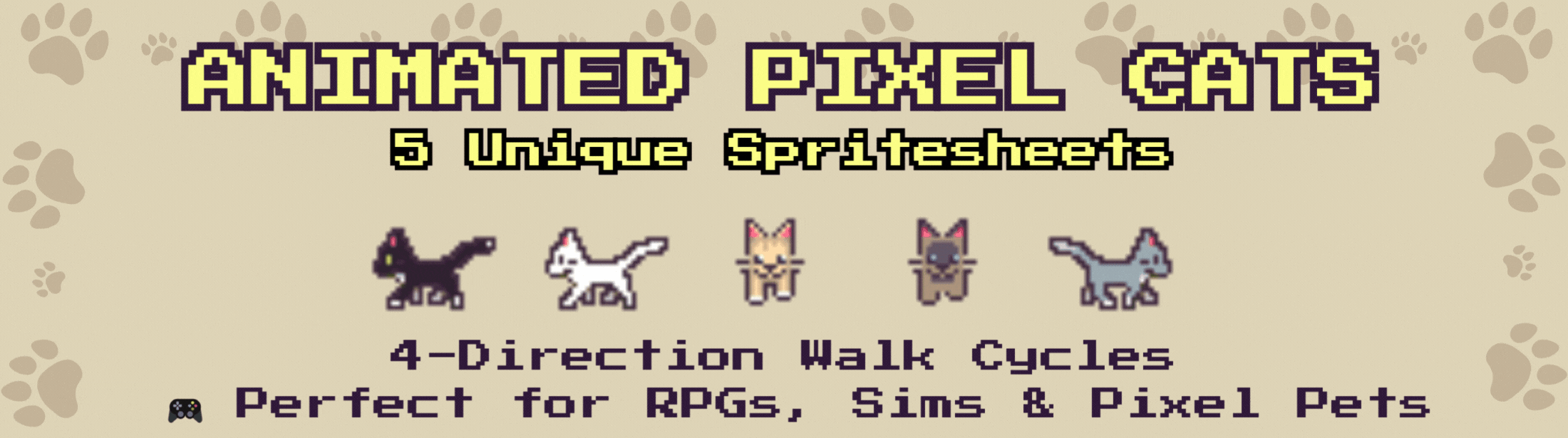 Animated Pixel Cats – 5 Unique 32x32 Sprites with 4-Direction Walk Cycles