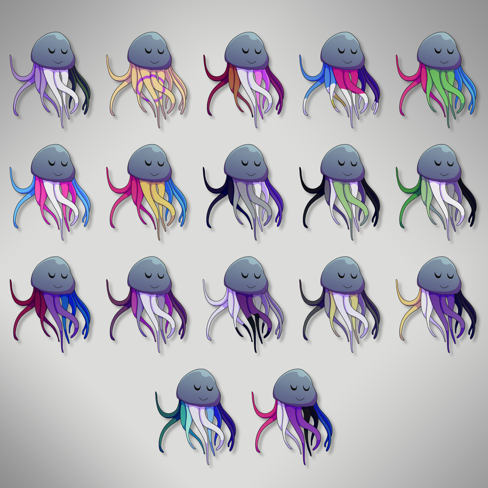 17 variations of a new Animon: Jellmeel. It looks like a jellyfish, eyes closed and with a gentle smile on the face. The arms come in different color palettes, representing several of the LGBTQIA+ pride flags.