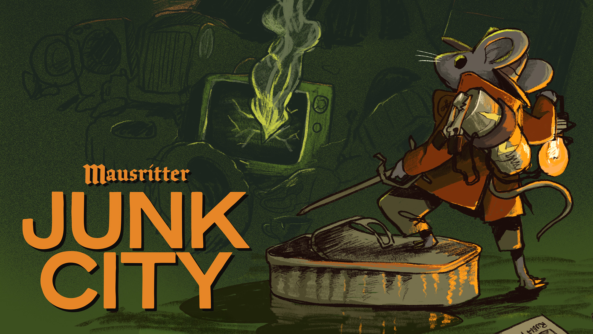 A mouse adventurer carrying an electric lantern. Foot perched on a rusting tin can. Overlay text: Mausritter Junk City