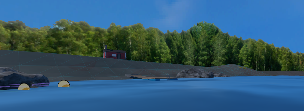 In-editor image from upcoming level 'Summer River'. There is a small sauna building and a pier.
