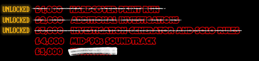 UNLOCKED £1,000 - Hardcover print run, UNLOCKED £2,000 - Additional investigations, UNLOCKED £3,000 - Random investigation generator, £4,000 - Mid-'90s soundtrack, £5,000 - REDACTED