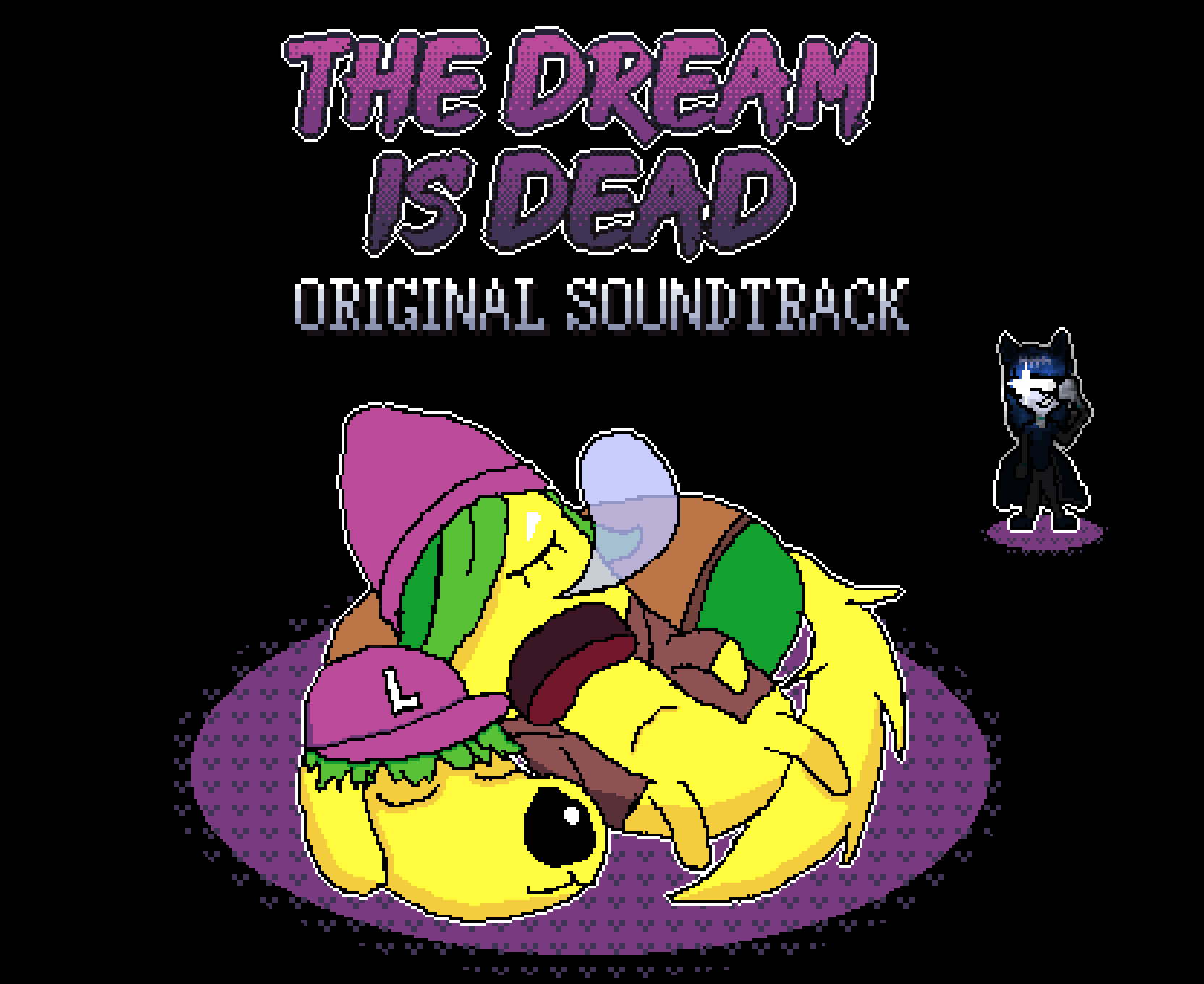 The Dream Is Dead Original Soundtrack cover. Lumi and callmeDJ's avatars are asleep in a patch of purple grass as Koma stalks them from a distance.