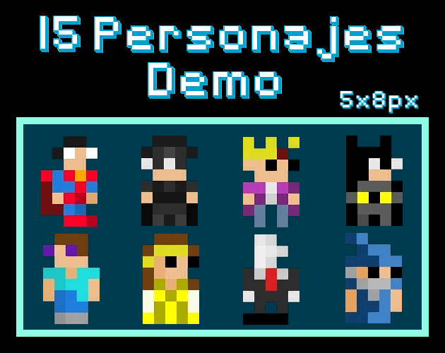 15 pixel art characters of 5x8px