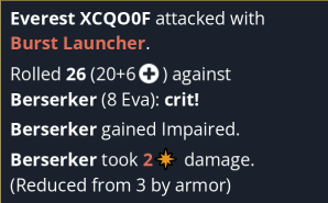 Log of a beserker taking a crit burst launcher attack and not resisting it