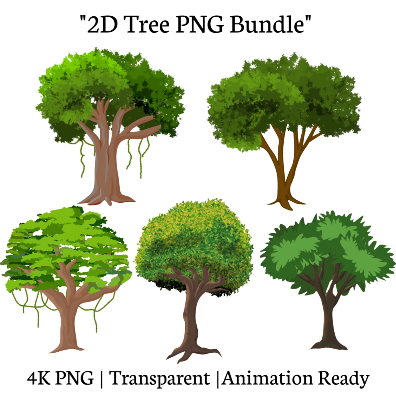 2D Cartoon Tree PNG Pack – 5 Game-Ready Trees | Background Asset Bundle ...