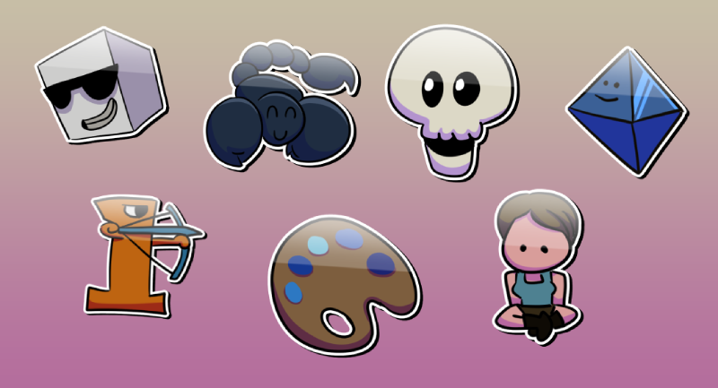 Collage of new stickers, from left to right: sugar cube with sunglasses, happy scorpion, derpy skull face, derpy bindshard, the number 1 with bow and arrow, a painting palette with only blue paint on it, lara croft sitting cross-legged