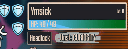 Closeup of the boss healthbar, showing the aspect changing from Curiosity to Patience, then mystery