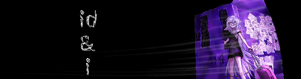 Anime-style character with long white hair stands in front of a purple building, pulling a suitcase. Text reads 'id & i'.