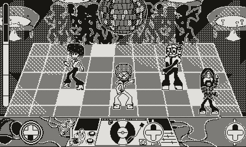 Game level taking place in a dance club. The main character is in the center, surrounded by other dancers, while the game UI shows button inputs scrolling by at the bottom, highlighted in different ways depending on player timing Game level taking place in a dance club. The main character is in the center, surrounded by other dancers, while the game UI shows button inputs scrolling by at the bottom, highlighted in different ways depending on player timing
