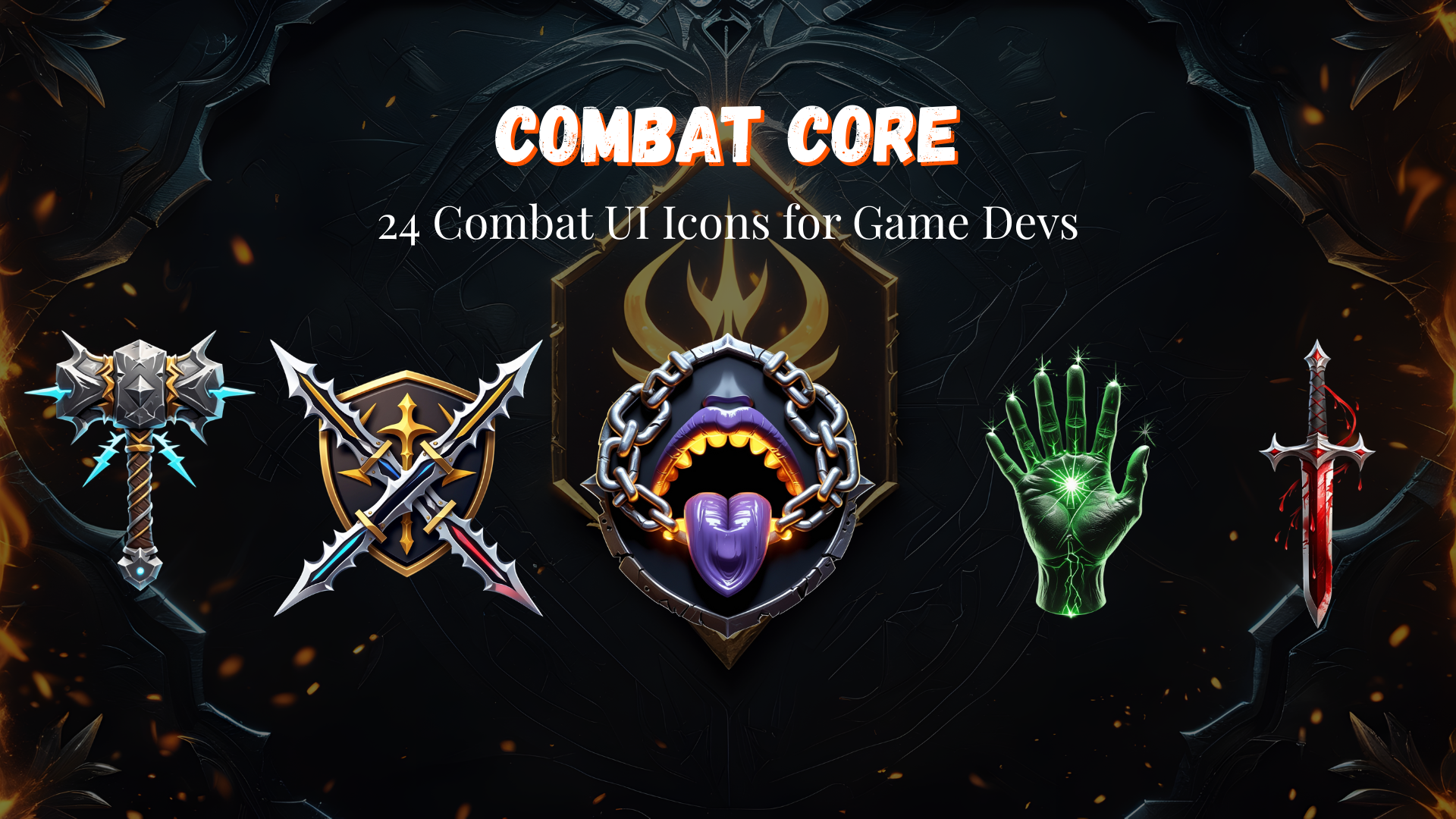 Combat Core – 24 RPG Skill & Ability Icons (Transparent PNG Game Assets)