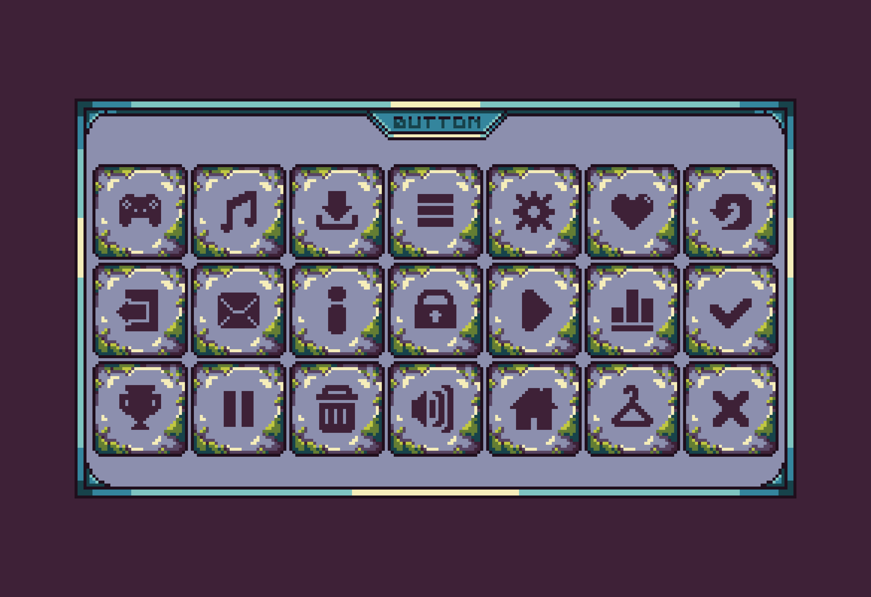 Free Pixel UI Button Icon Set – 21 Fantasy Menu Buttons (32x32)