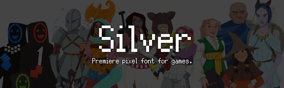 Group of diverse fantasy characters with pixelated text reading 'Silver Premiere pixel font for games.'