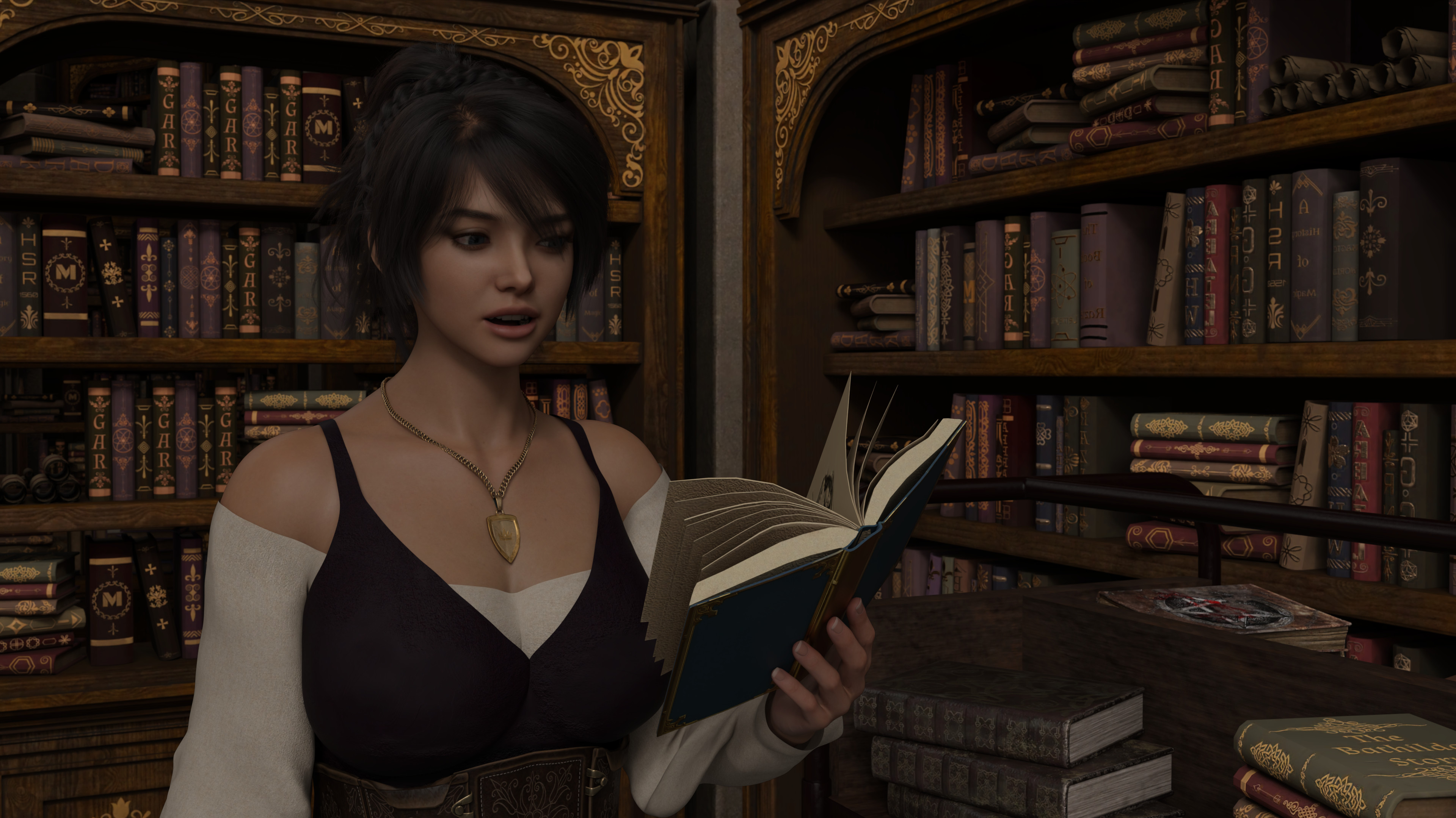 Emily looking at suspicious book Emily looking at suspicious book