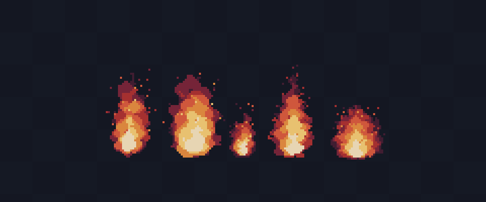 Five animated pixel art fire sprites with glowing flames on a dark grid background