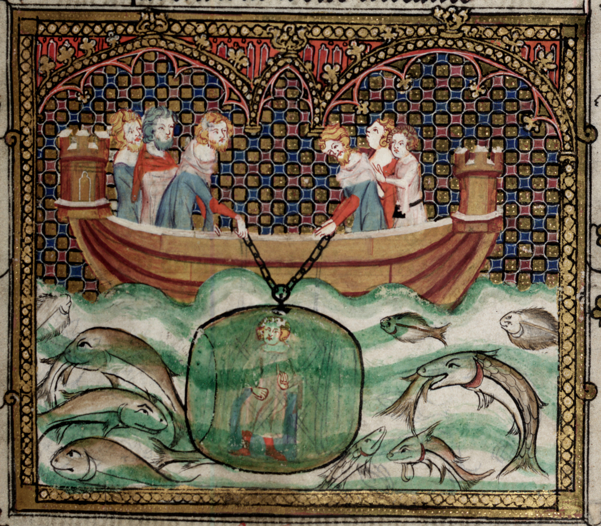 Alexander is lowered into the sea in a diving vessel.