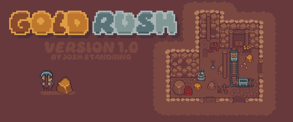Pixel art banner for Gold Rush showing a miner, gold nugget, and an underground mining area with equipment.
