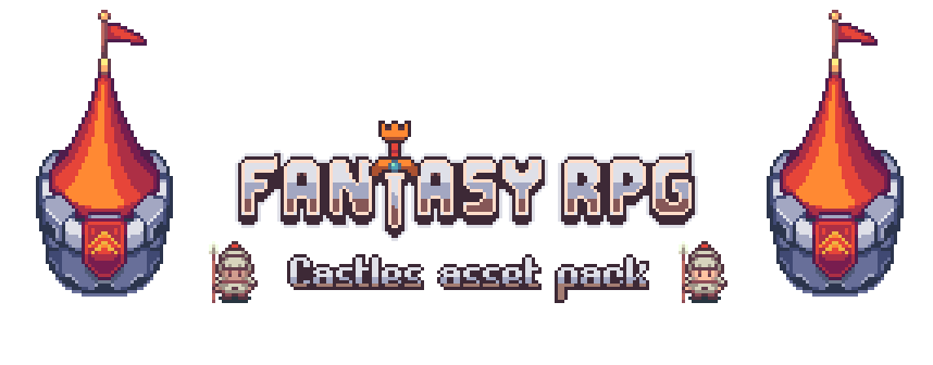 FANTASY RPG Castles asset pack Pixel art banner with two castle towers, two armored guards, and text reading 'Fantasy RPG Castles asset pack'.