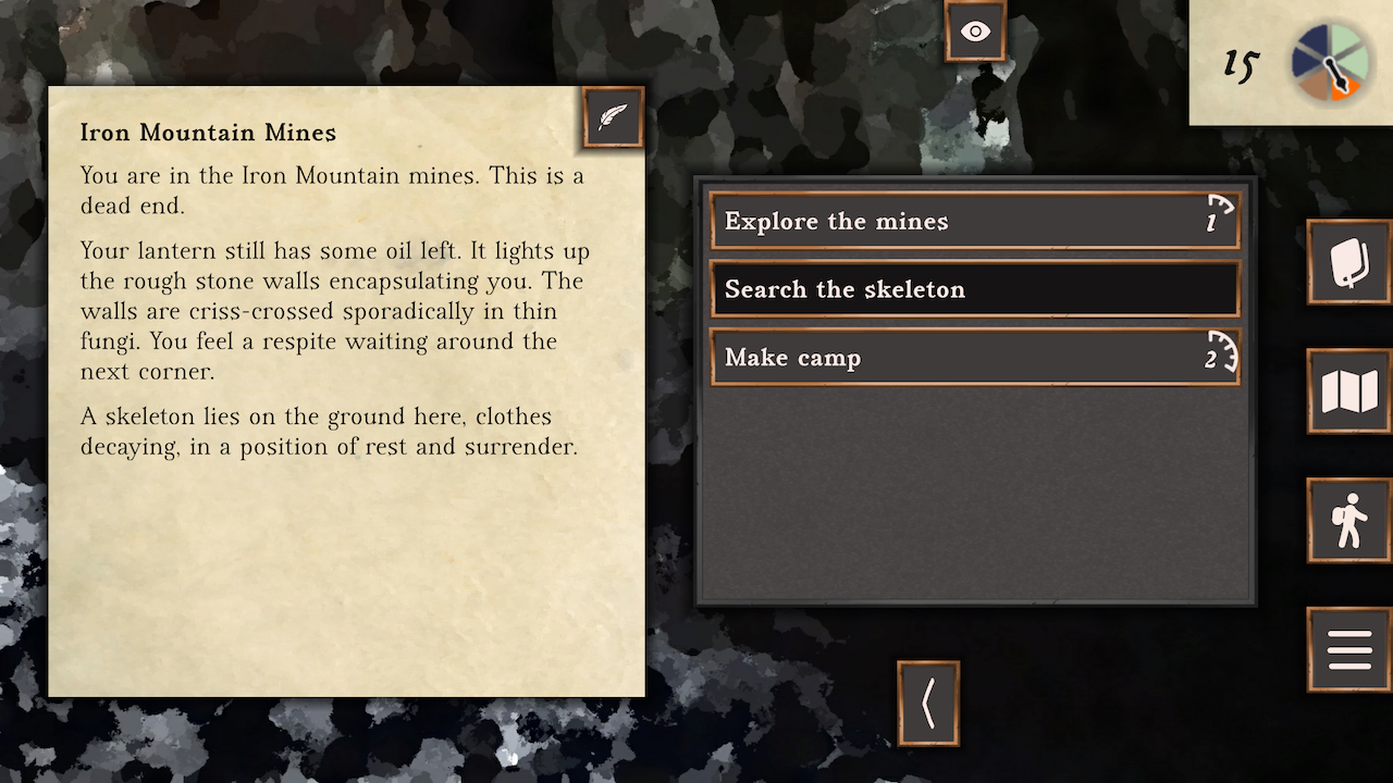 Screenshot of the mines. A skeleton is on the ground here. Options are Explore the mines, Search the skeleton, and Make camp