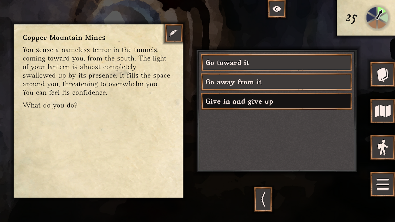 Screenshot of the mines. A nameless terror approaches. Options are Go toward it, Go away from it, and Give in and give up