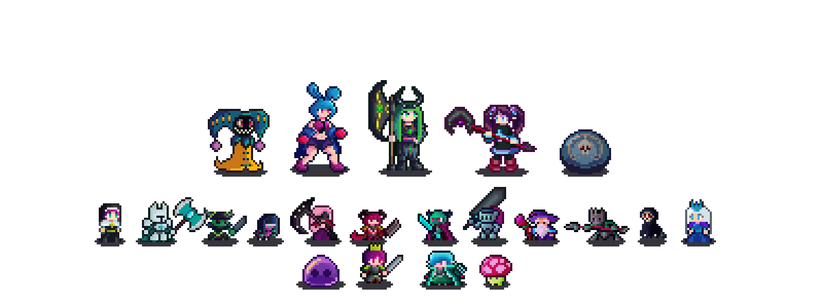 Pixel art lineup of fantasy characters and creatures, including warriors, mages, monsters, and a mushroom.