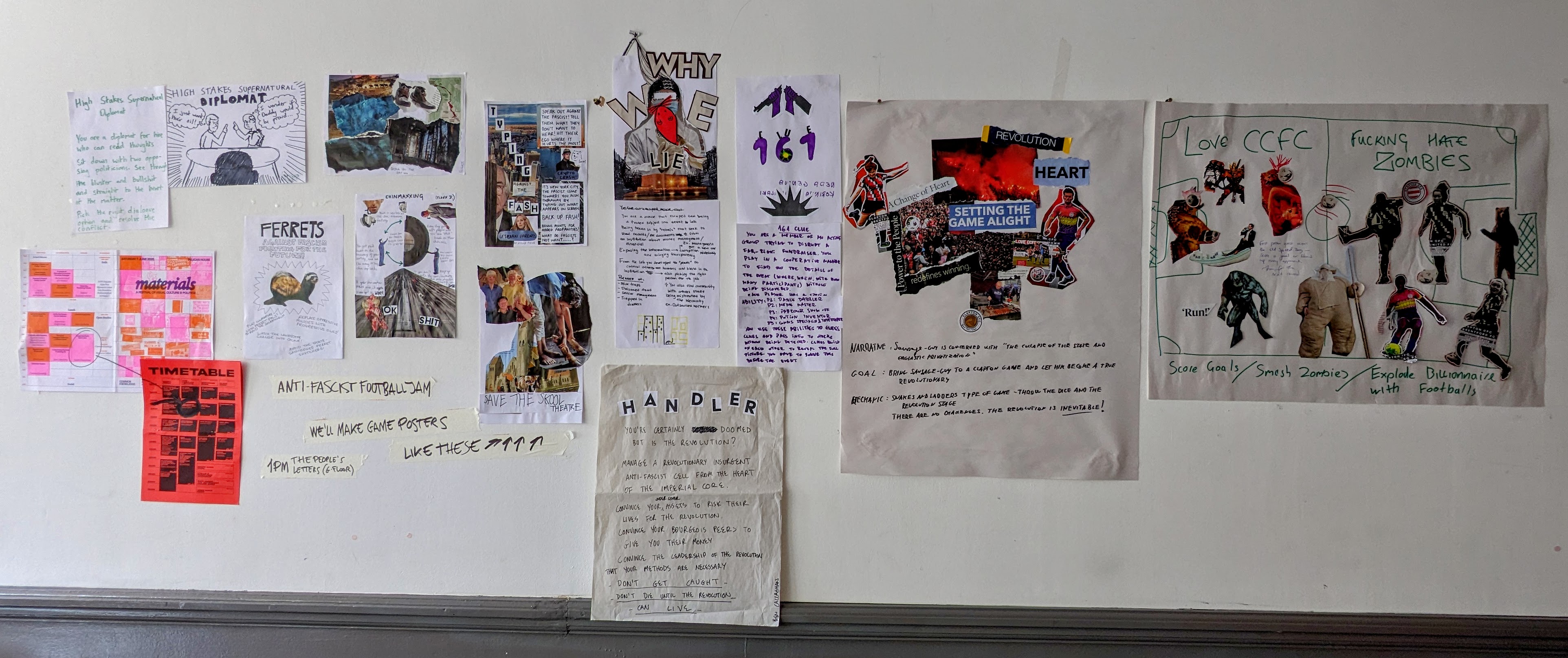 A photo of many posters on a wall. The posters are hand made using collage and drawing techniques.